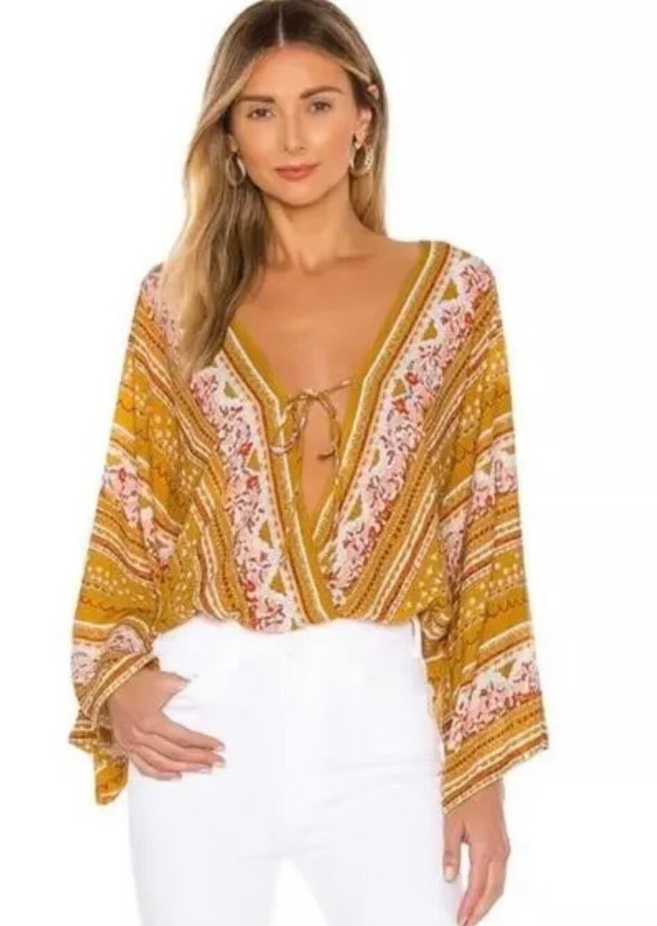 Free People For You Gold Combo Boho Floral Bell Sleeve Lace Bodysuit-Size S